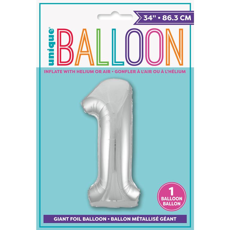 SILVER NUMBER 1 SHAPED FOIL BALLOON 34