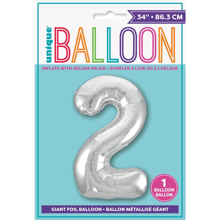 SILVER NUMBER 2 SHAPED FOIL BALLOON 34" - Click Image to Close