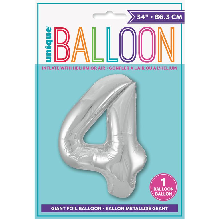 SILVER NUMBER 4 SHAPED FOIL BALLOON 34" - Click Image to Close