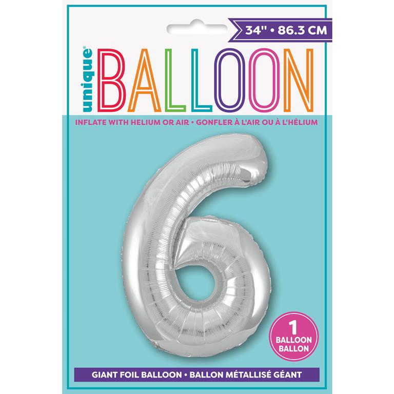 SILVER NUMBER 6 SHAPED FOIL BALLOON 34" - Click Image to Close