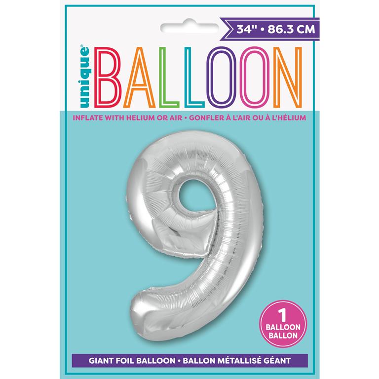 SILVER NUMBER 9 SHAPED FOIL BALLOON 34" - Click Image to Close