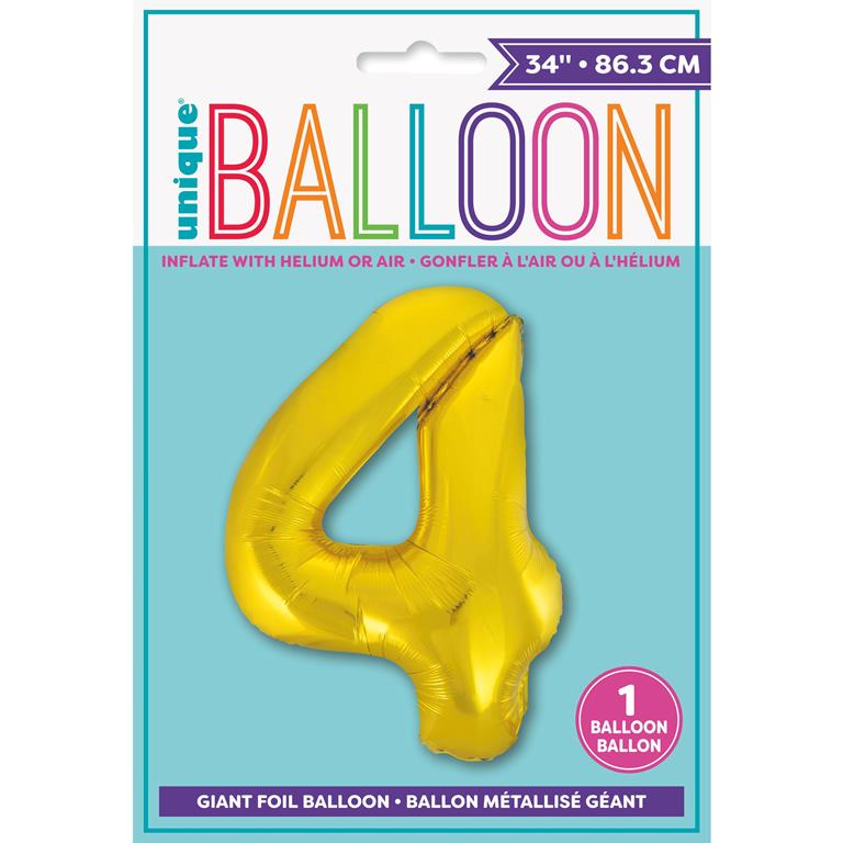 GOLD NUMBER 4 SHAPED FOIL BALLOON 34" - Click Image to Close