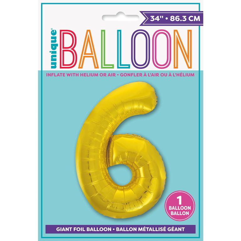 GOLD NUMBER 6 SHAPED FOIL BALLOON 34" - Click Image to Close