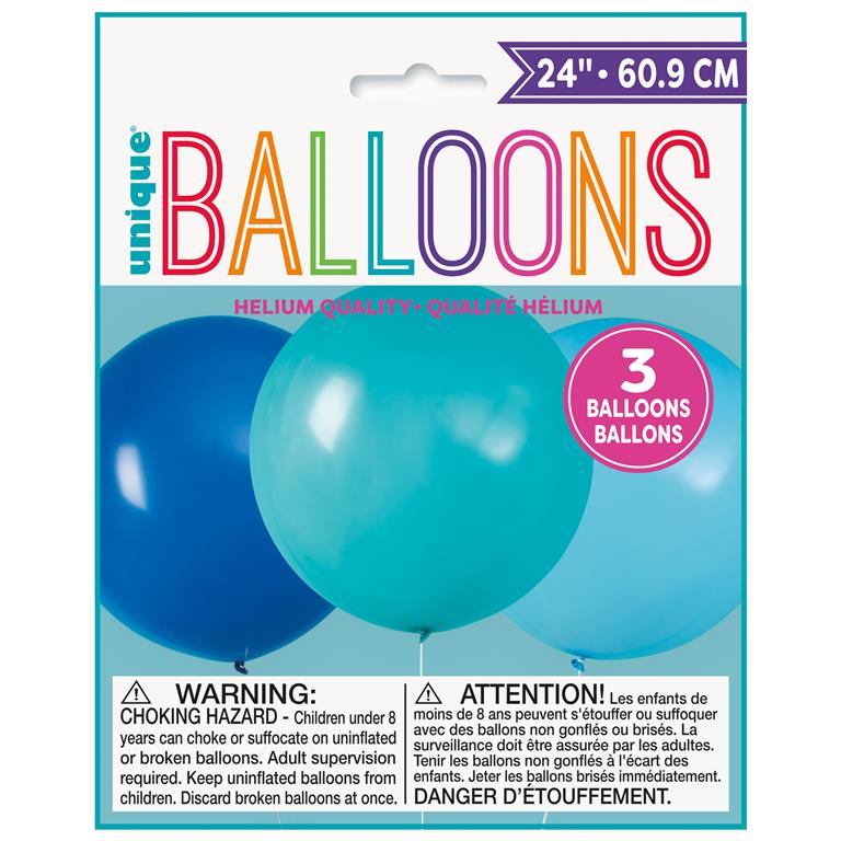 BLUE & TEAL GIANT LATEX BALLOONS 24" 3 PACK - Click Image to Close