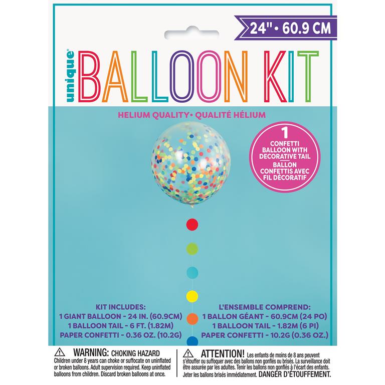 CLEAR GIANT BALLOON WITH RAINBOW CONFETTI AND DOTS TASSEL 24" - Click Image to Close
