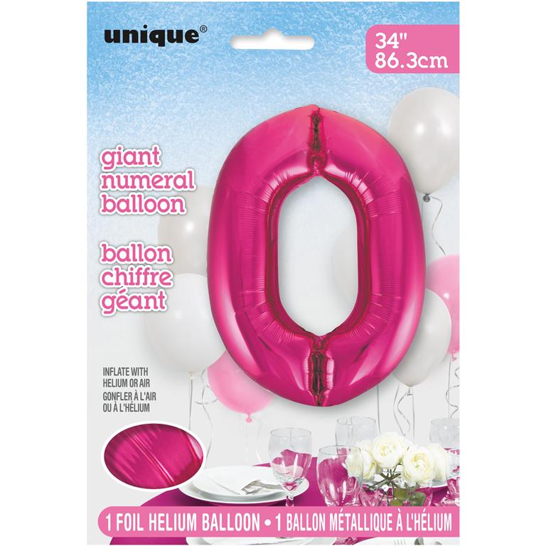 PINK NUMBER 0 SHAPED FOIL BALLOON 34" - Click Image to Close