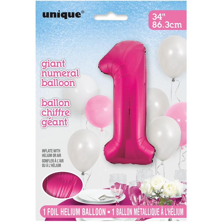 PINK NUMBER 1 SHAPED FOIL BALLOON 34