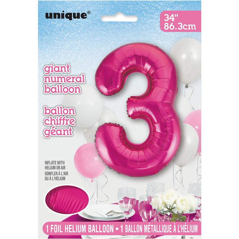 PINK NUMBER 3 SHAPED FOIL BALLOON 34" - Click Image to Close