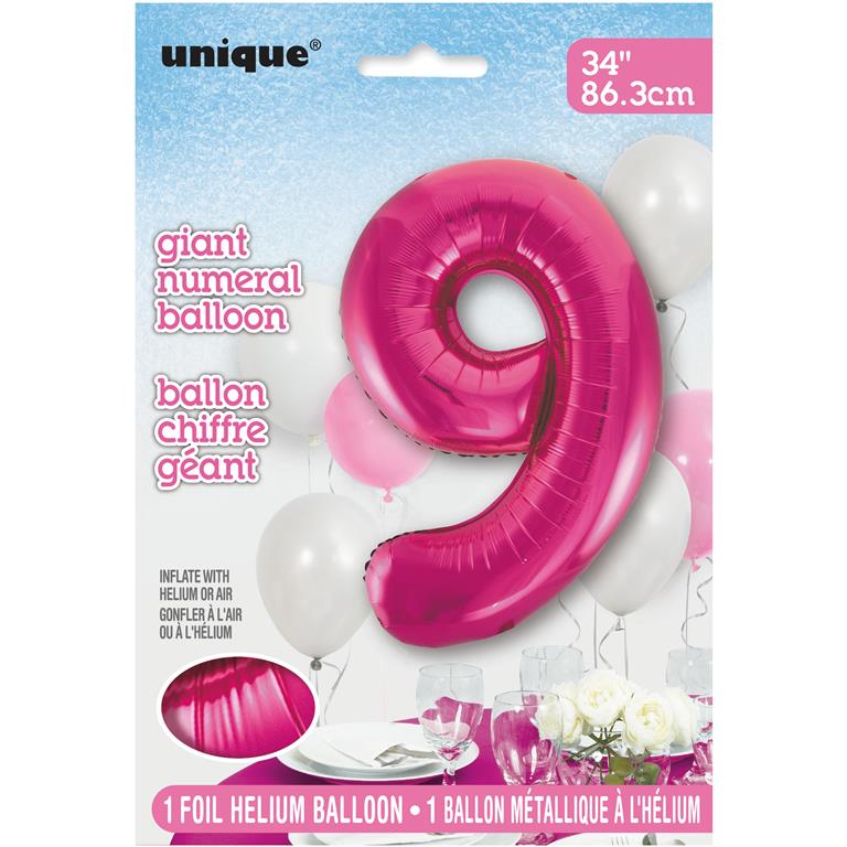PINK NUMBER 9 SHAPED FOIL BALLOON 34" - Click Image to Close