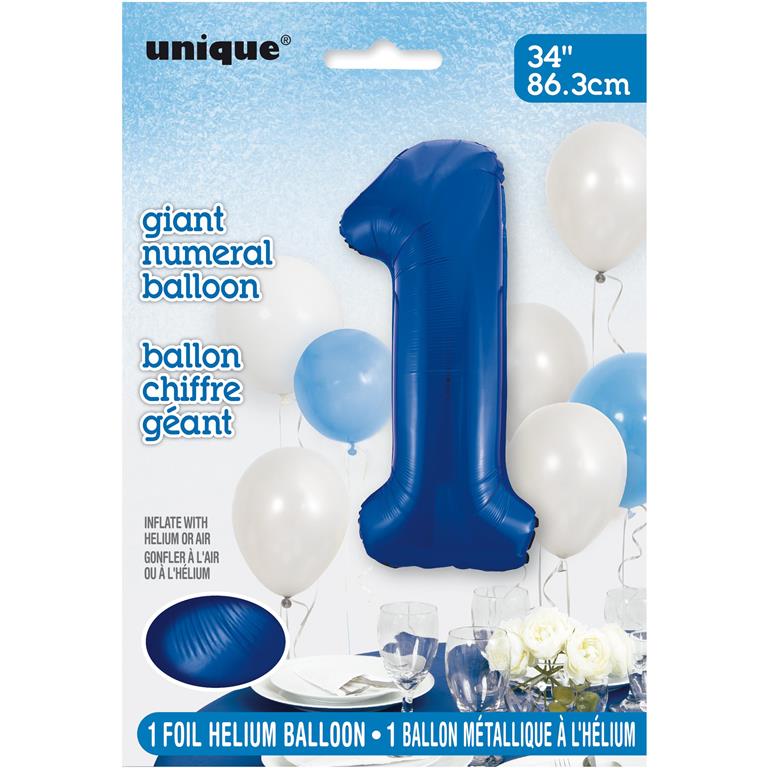 BLUE NUMBER 1 SHAPED FOIL BALLOON 34" - Click Image to Close
