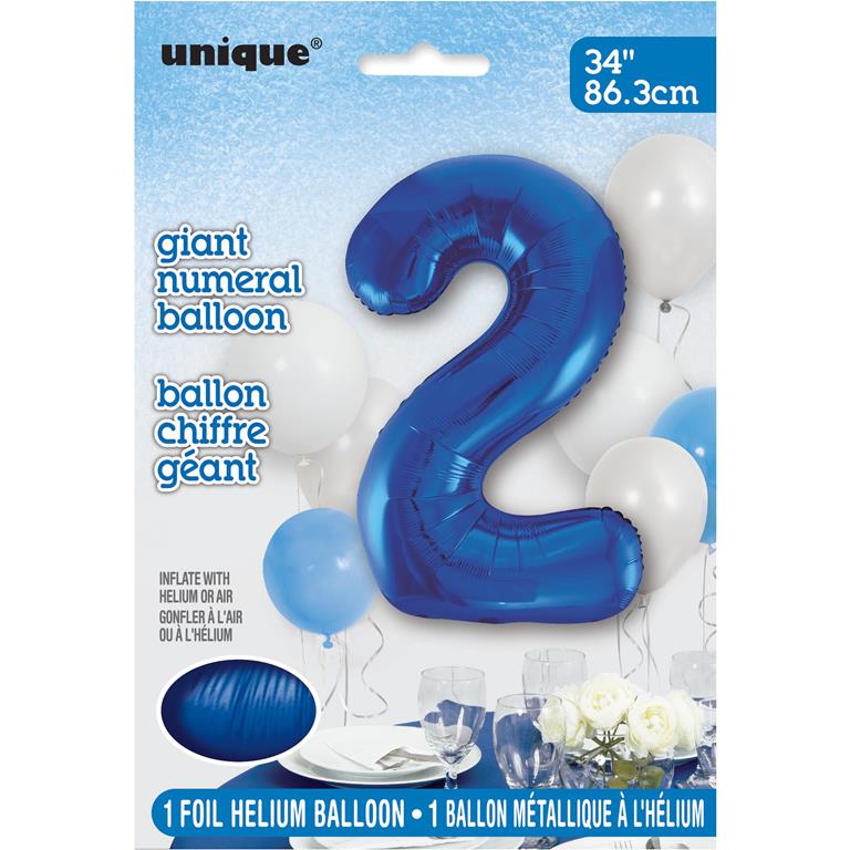 BLUE NUMBER 2 SHAPED FOIL BALLOON 34" - Click Image to Close