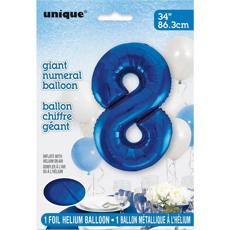BLUE NUMBER 8 SHAPED FOIL BALLOON 34" - Click Image to Close