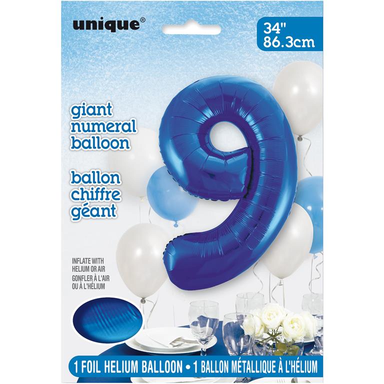 BLUE NUMBER 9 SHAPED FOIL BALLOON 34" - Click Image to Close