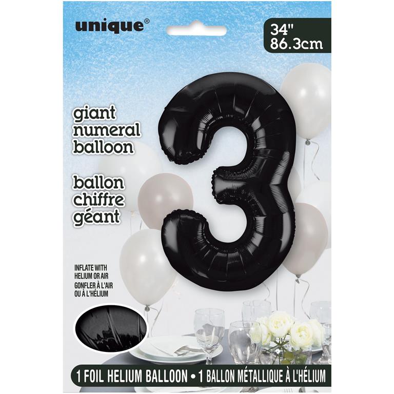 BLACK NUMBER 3 SHAPED FOIL BALLOON 34" - Click Image to Close