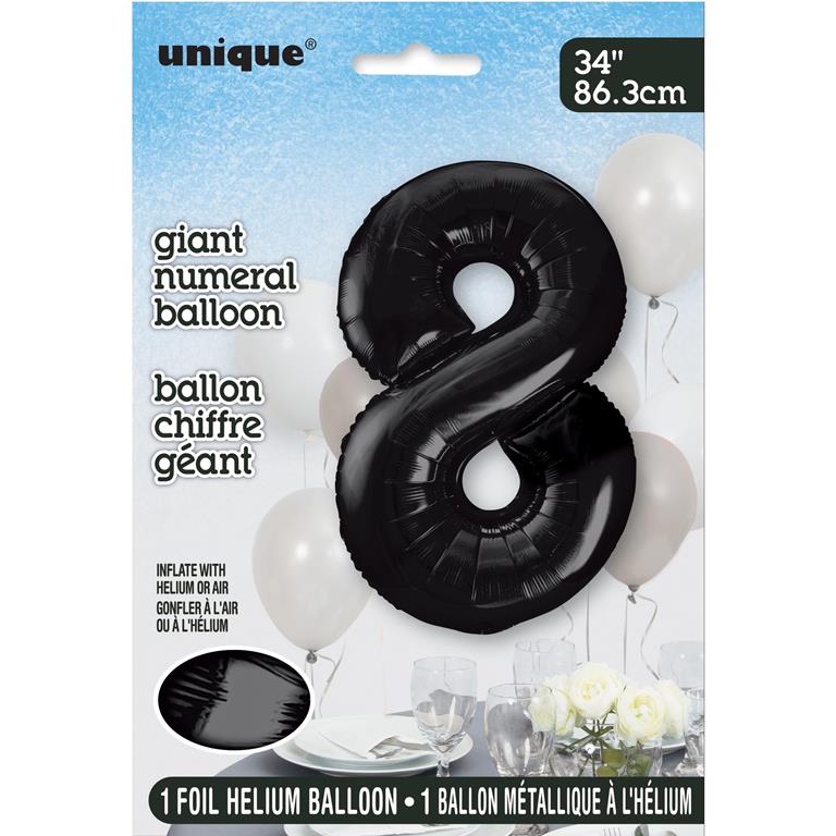 BLACK NUMBER 8 SHAPED FOIL BALLOON 34" - Click Image to Close