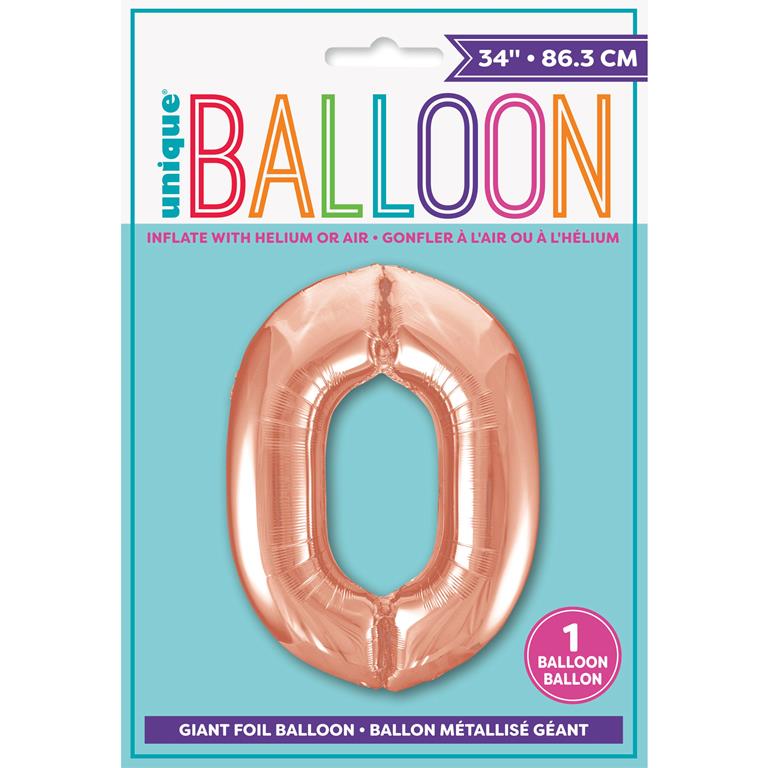 ROSE GOLD NUMBER 0 SHAPED FOIL BALLOON 34" - Click Image to Close