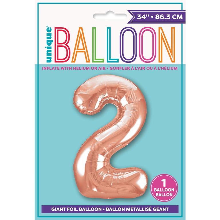 ROSE GOLD NUMBER 2 SHAPED FOIL BALLOON 34" - Click Image to Close