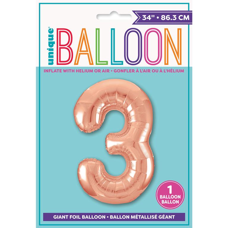 ROSE GOLD NUMBER 3 SHAPED FOIL BALLOON 34" - Click Image to Close