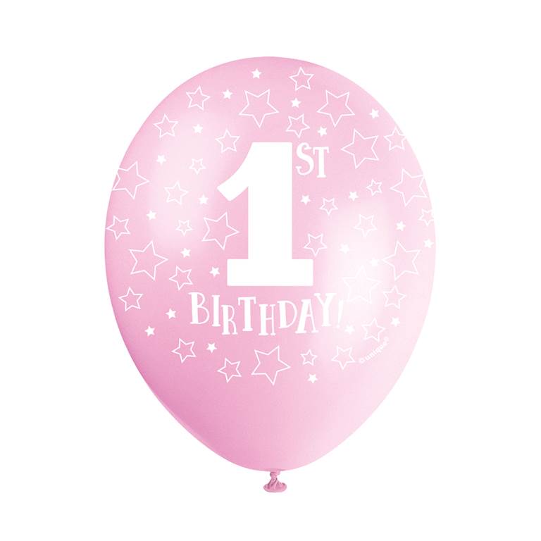 PINK 1ST BIRTHDAY 12" LATEX BALLOONS 5 PACK - Click Image to Close