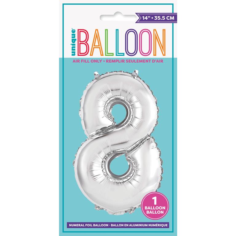 SILVER NUMBER 8 SHAPED FOIL BALLOON 14" - Click Image to Close