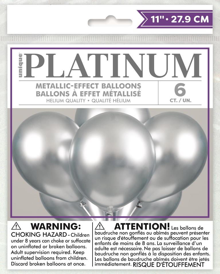 SILVER PLATINUM 11" LATEX BALLOONS 6 PACK - Click Image to Close