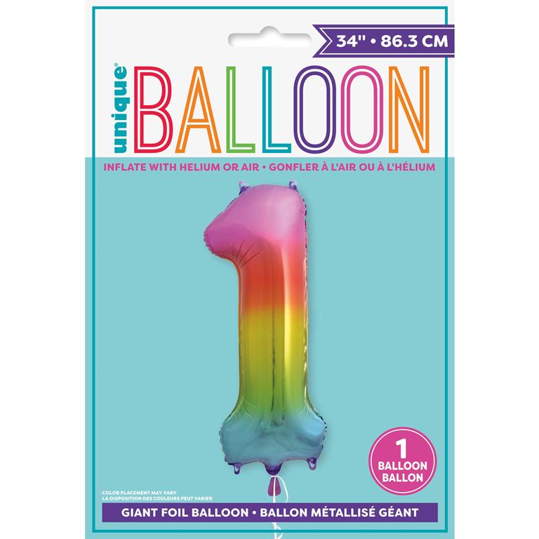 RAINBOW NUMBER 1 SHAPED FOIL BALLOON 34" - Click Image to Close