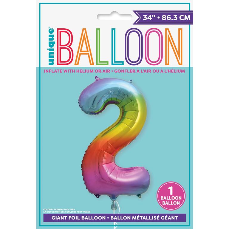 RAINBOW NUMBER 2 SHAPED FOIL BALLOON 34" - Click Image to Close