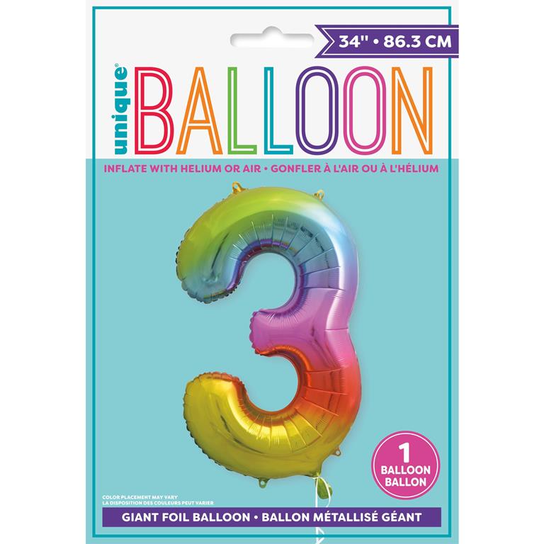 RAINBOW NUMBER 3 SHAPED FOIL BALLOON 34" - Click Image to Close
