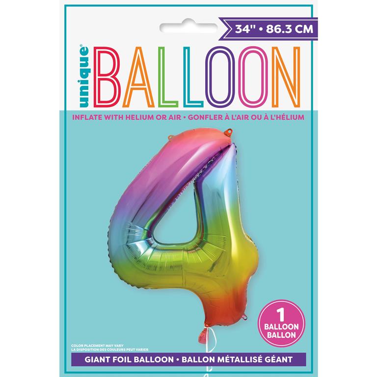 RAINBOW NUMBER 4 SHAPED FOIL BALLOON 34" - Click Image to Close