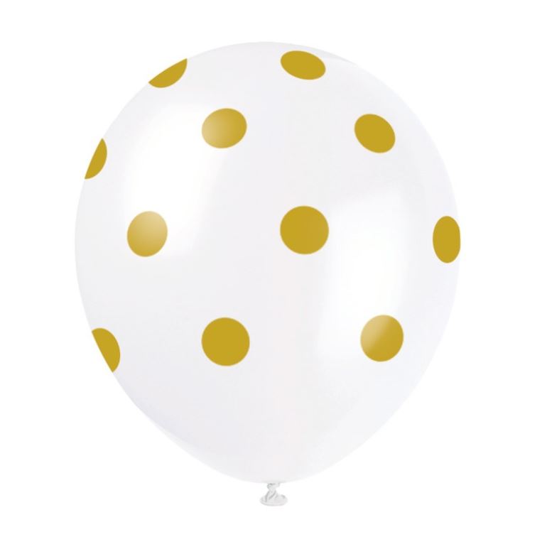 12" Latex Balloons Gold Dots Pack of 6 - Click Image to Close