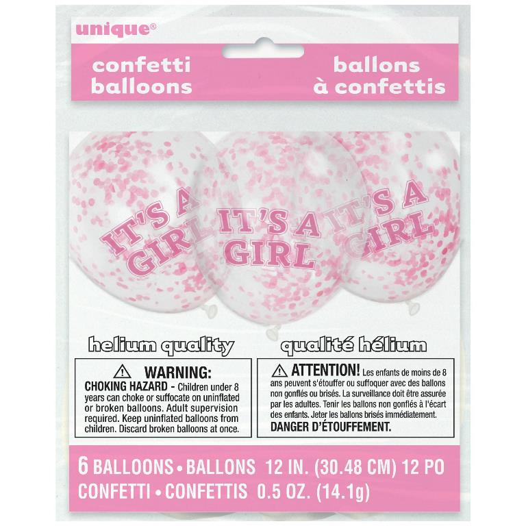 GIRL CLEAR LATEX BALLOONS WITH PINK CONFETTI 12" 6 PACK - Click Image to Close