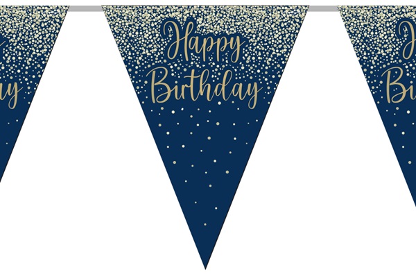 Party Bunting Happy Birthday Metallic Glitter Navy Gold 3.9M - Click Image to Close