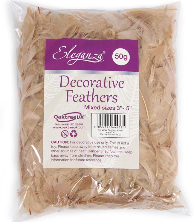ELEGANZA FEATHERS MIXED SIZES 3-5" 50G BAG NATURAL - Click Image to Close