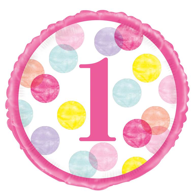 PINK DOTS 1ST BIRTHDAY ROUND FOIL BALLOON 18" - Click Image to Close