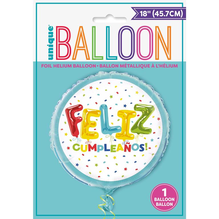 FELIZ CUMPLEANOS BALLOON BIRTHDAY ROUND FOIL BALLOON 18" - Click Image to Close