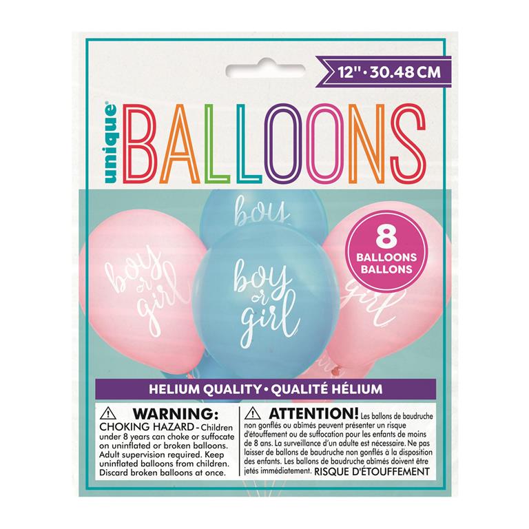 BOY OR GIRL GENDER REVEAL 12" LATEX BALLOONS 8 PACK - Click Image to Close