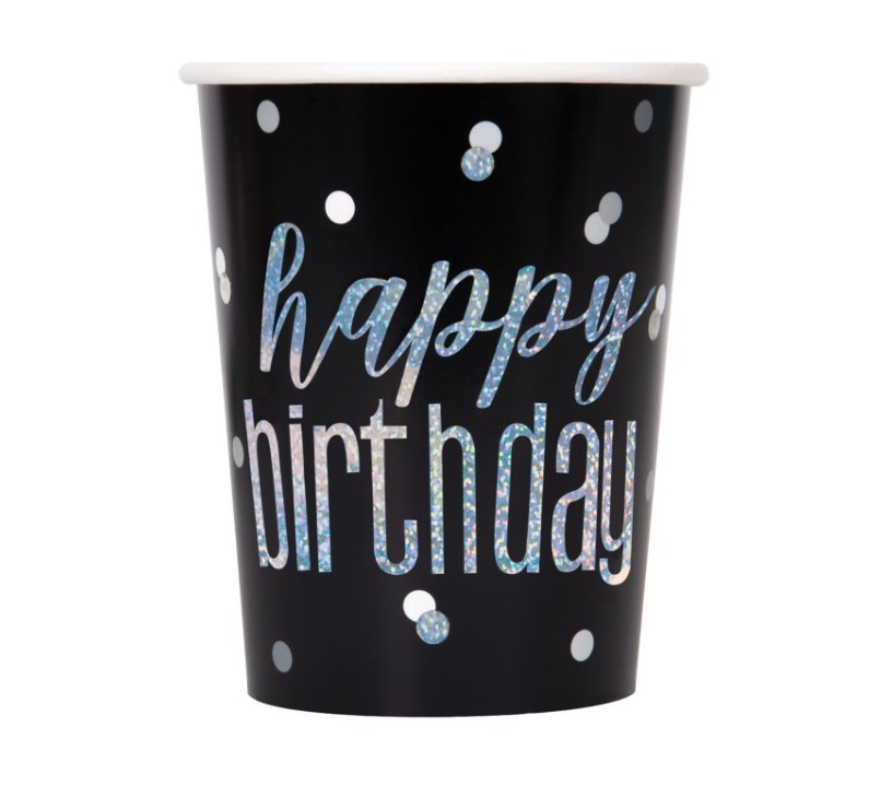 Glitz Black Happy Birthday Prism 9oz Cup 8pc - Click Image to Close