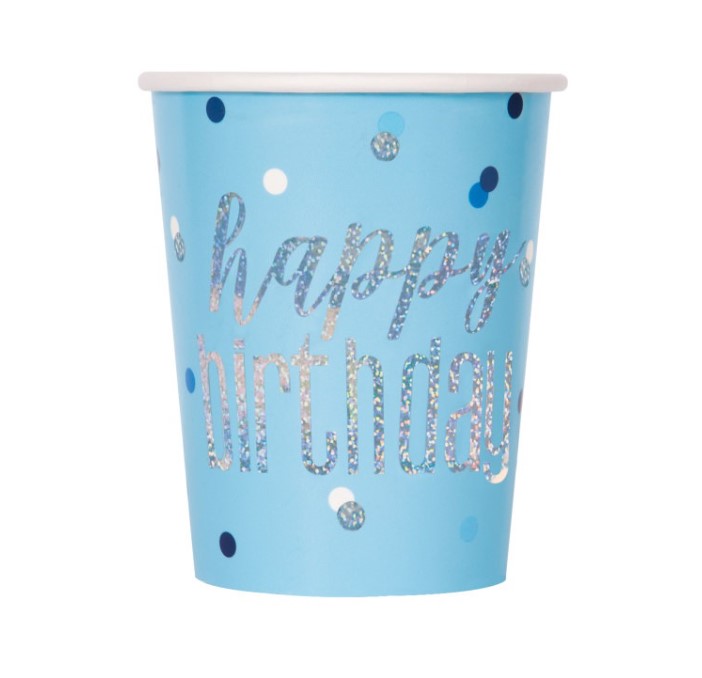 Glitz Blue Happy Birthday Prism 9oz Cup 8pc - Click Image to Close