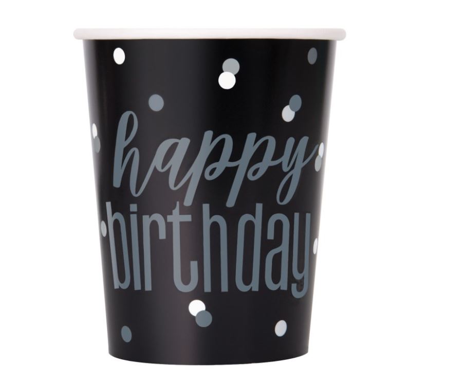 8 GLTZ BLAK/SILVER DOT BIRTHDAY 9OZ CUP - Click Image to Close