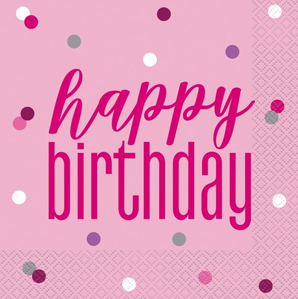 Pink & Silver "Happy Birthday" Lunch Napkins 16pc - Click Image to Close