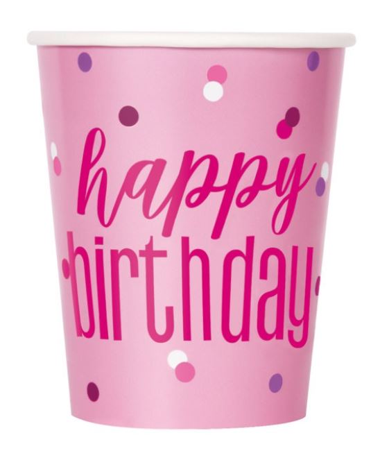 8 PINK & SILVER HAPPY BIRTHDAY CUPS 9OZ - Click Image to Close