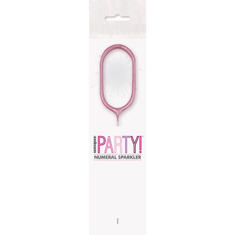 BIRTHDAY PINK GLITZ NUMBER 0 SPARKLER 7" - Click Image to Close
