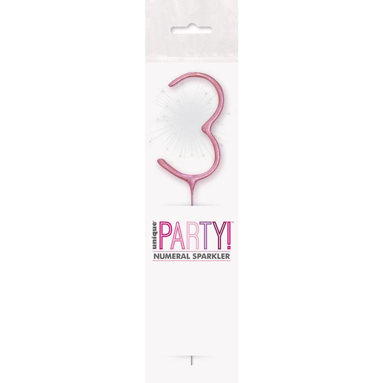 BIRTHDAY PINK GLITZ NUMBER 3 SPARKLER 7" - Click Image to Close