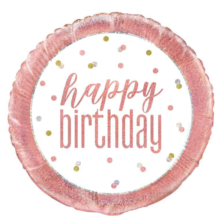 18" Glitz Rose Gold Round Foil Balloon "Happy Birthday" - Click Image to Close