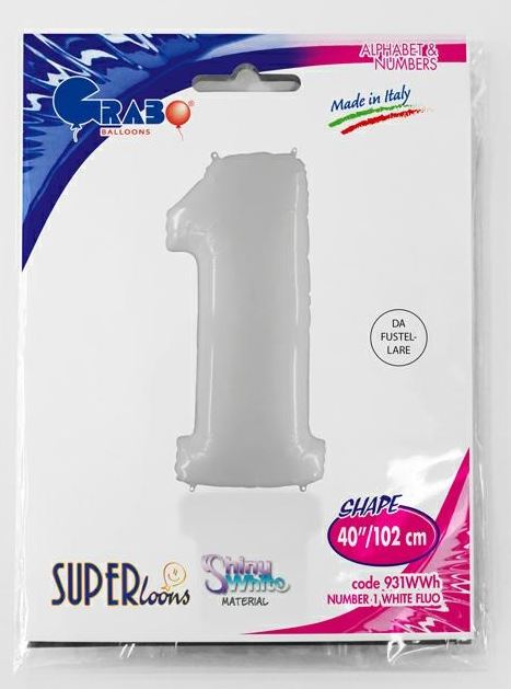 NUMBER 1 SHINY WHITE 40" BALLOON - Click Image to Close