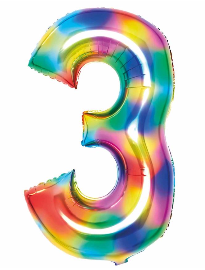 Large Number 3 Bright Rainbow 35" Foil Balloon - Click Image to Close