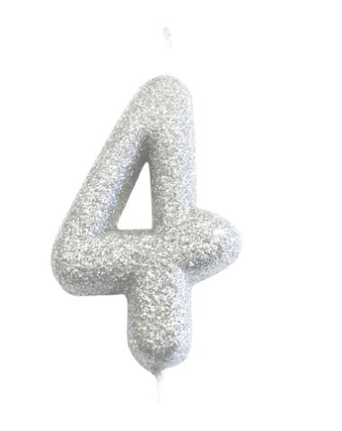 Age 4 Glitter Numeral Moulded Pick Candle Silver - Click Image to Close