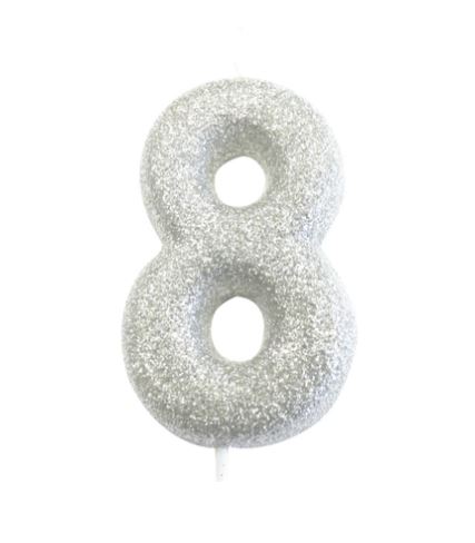 Age 8 Glitter Numeral Moulded Pick Candle Silver - Click Image to Close