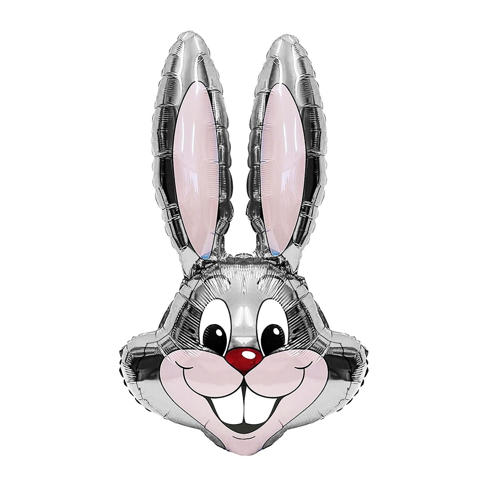 35" Silver / Grey Bunny Rabbit Head Foil Balloon Packaged - Click Image to Close