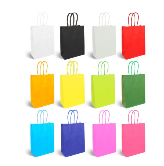 Multi Colour 12-Pack Paper Party Bags with Coloured Handles - Click Image to Close